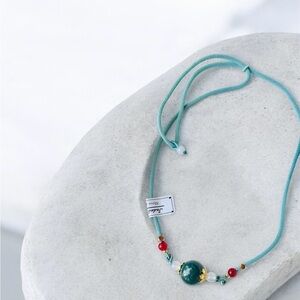 Teal  Cord Necklace with moss green agate  Bead and Red Accents